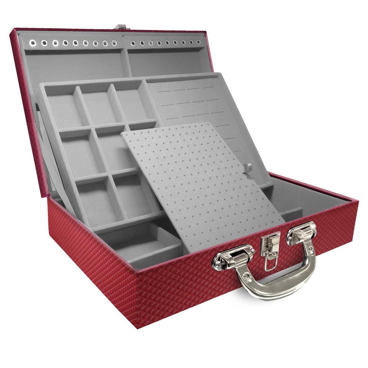 Estojo Maleta Porta Jóias Duplo Grande Ibiza Carmim Com Alça Cromada e Espelho