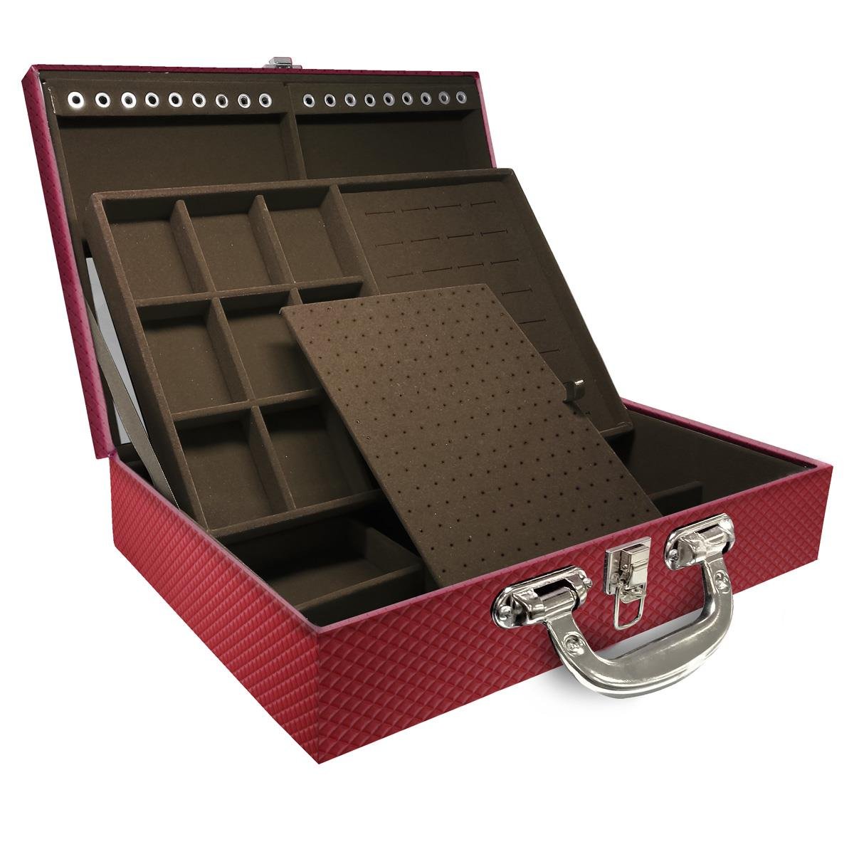 Estojo Maleta Porta Jóias Duplo Grande Ibiza Carmim Com Alça Cromada e Espelho