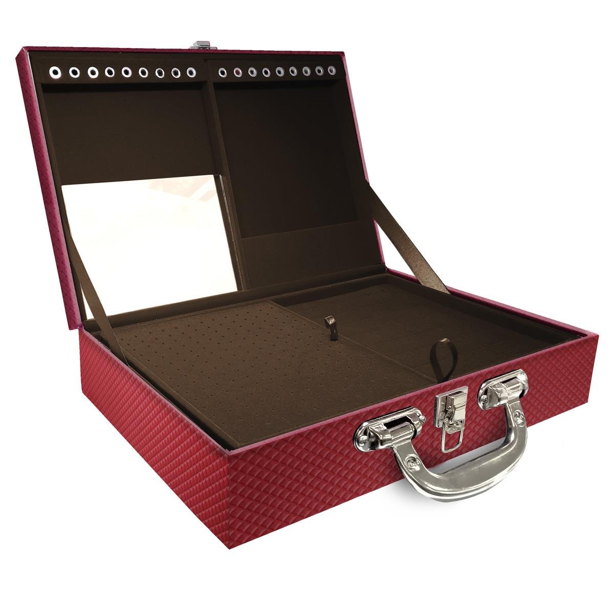Estojo Maleta Porta Jóias Duplo Grande Ibiza Carmim Com Alça Cromada e Espelho