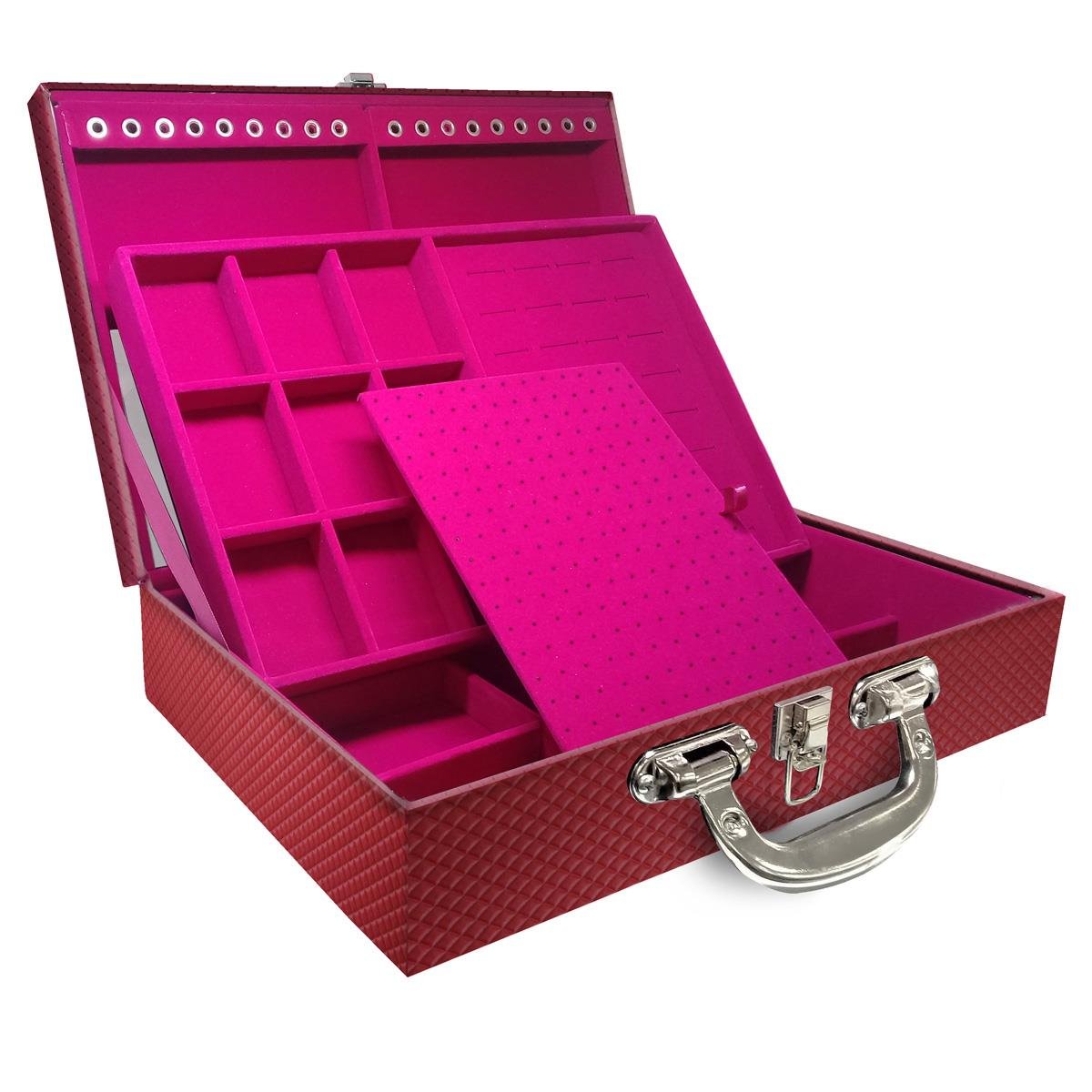 Estojo Maleta Porta Jóias Duplo Grande Ibiza Carmim Com Alça Cromada e Espelho