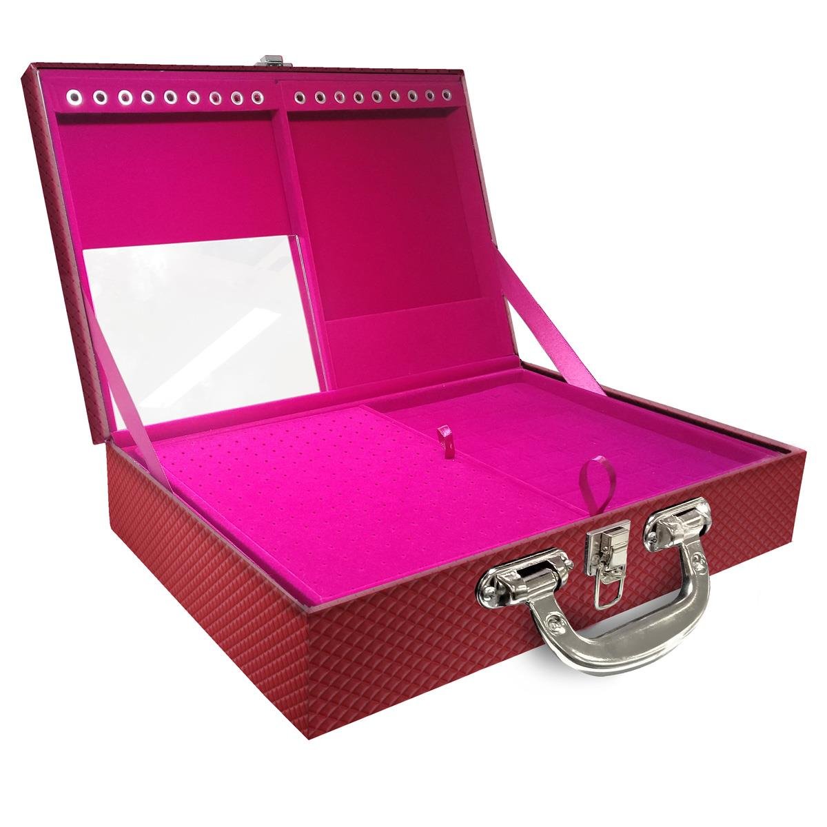 Estojo Maleta Porta Jóias Duplo Grande Ibiza Carmim Com Alça Cromada e Espelho