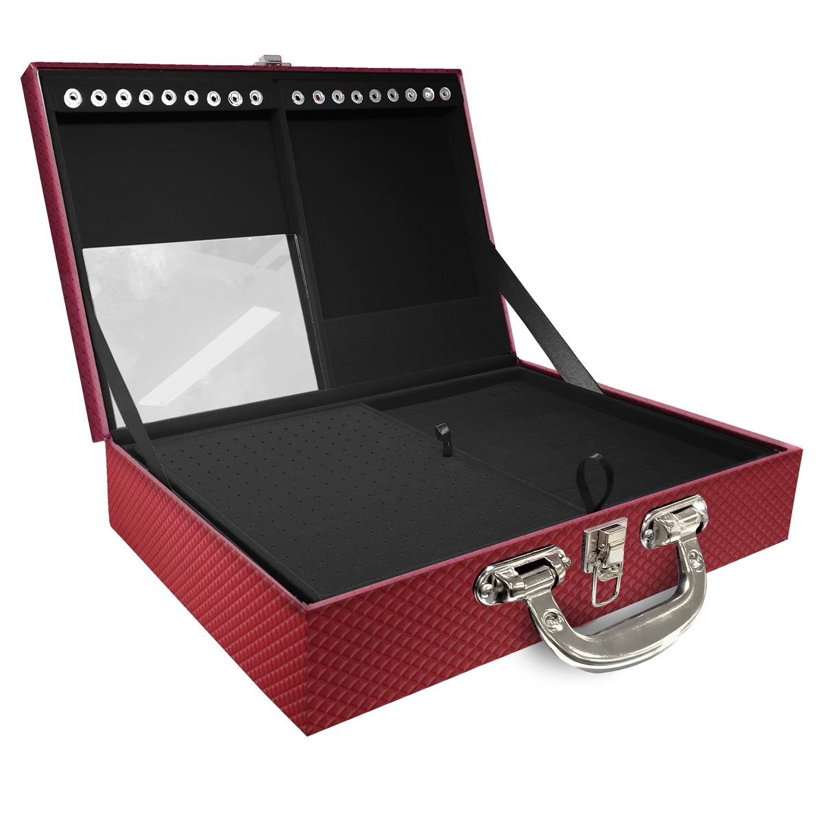 Estojo Maleta Porta Jóias Duplo Grande Ibiza Carmim Com Alça Cromada e Espelho