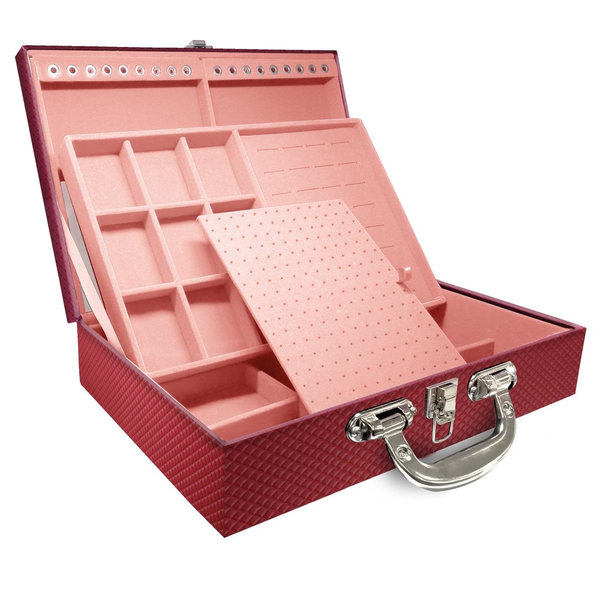 Estojo Maleta Porta Jóias Duplo Grande Ibiza Carmim Com Alça Cromada e Espelho