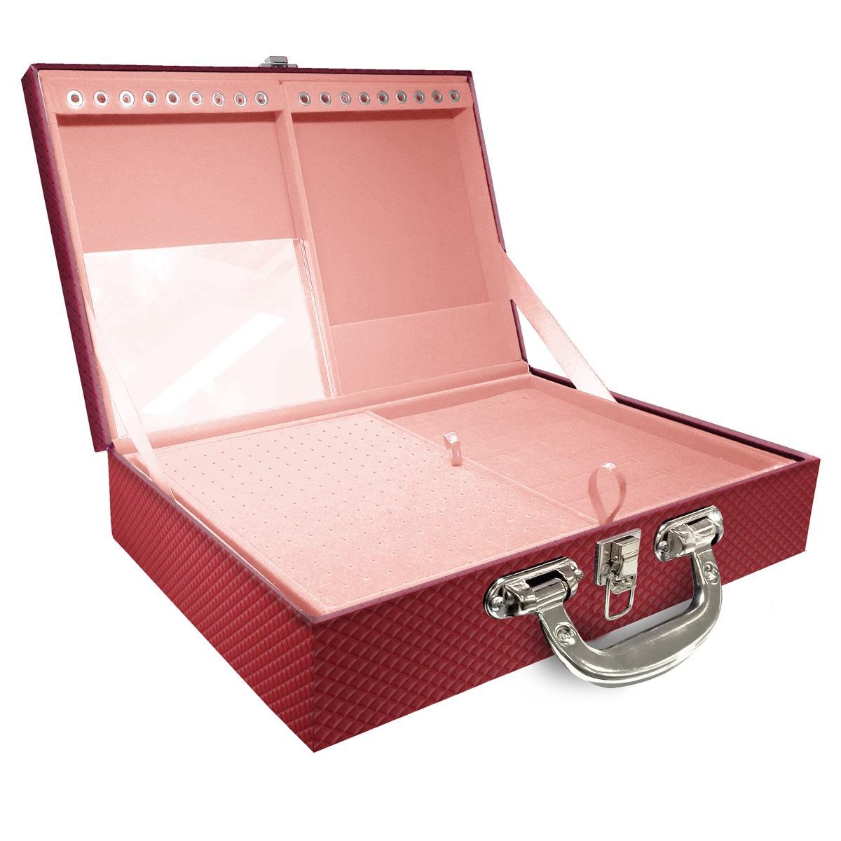 Estojo Maleta Porta Jóias Duplo Grande Ibiza Carmim Com Alça Cromada e Espelho