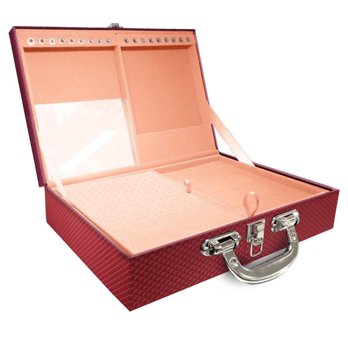 Estojo Maleta Porta Jóias Duplo Grande Ibiza Carmim Com Alça Cromada e Espelho