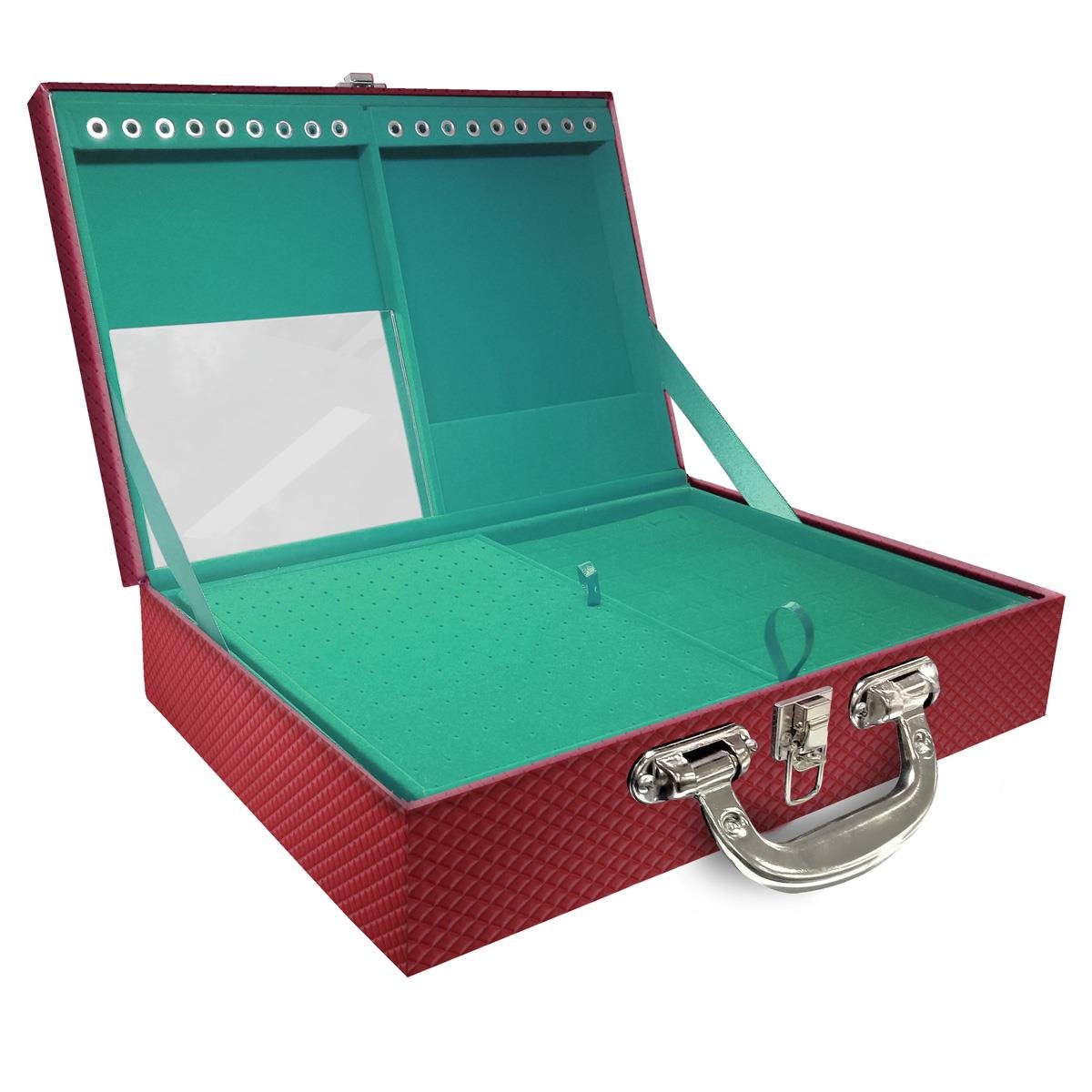 Estojo Maleta Porta Jóias Duplo Grande Ibiza Carmim Com Alça Cromada e Espelho
