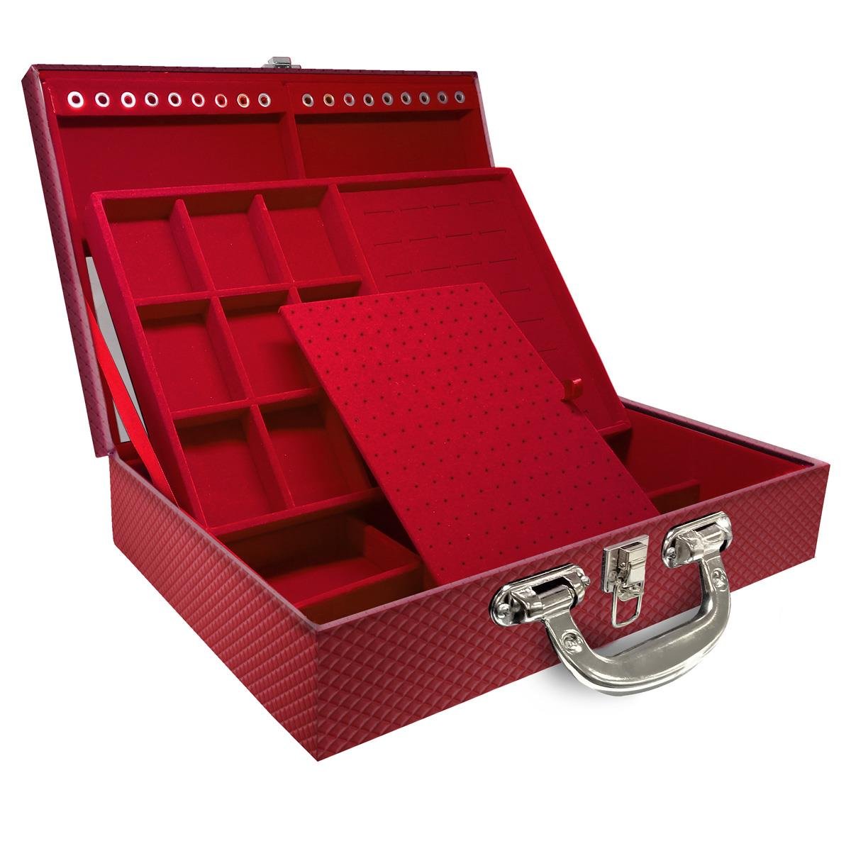 Estojo Maleta Porta Jóias Duplo Grande Ibiza Carmim Com Alça Cromada e Espelho