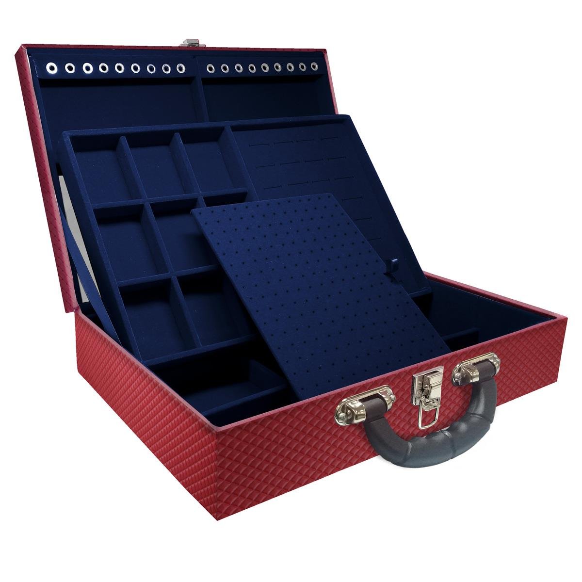 Estojo Maleta Porta Jóias Duplo Grande Ibiza Carmim Com Alça Preta e Espelho