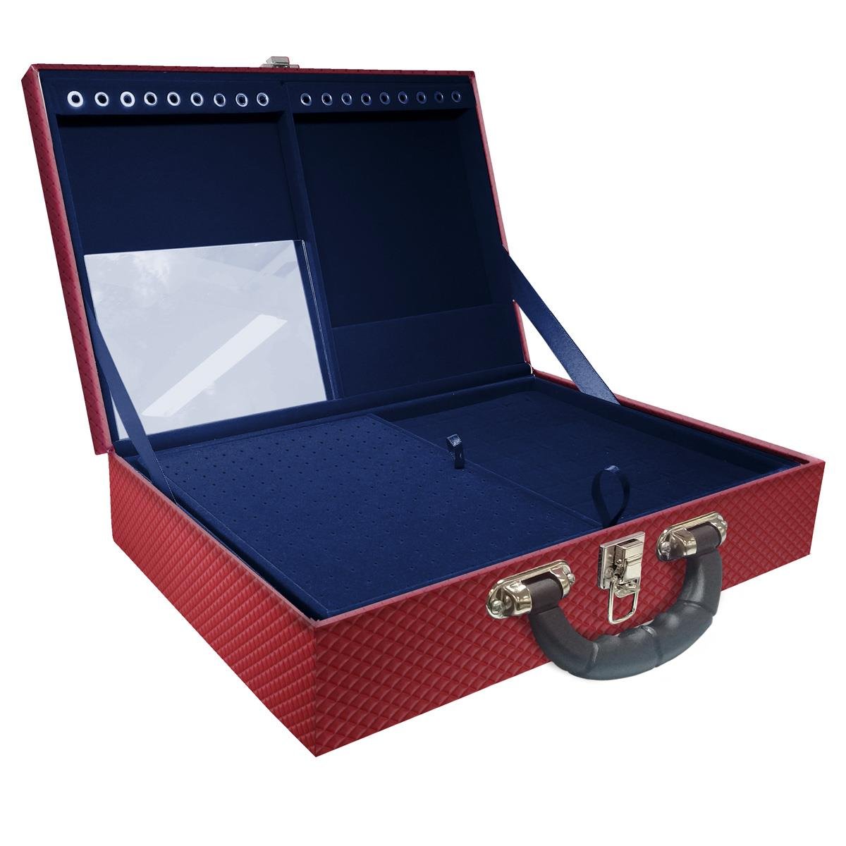 Estojo Maleta Porta Jóias Duplo Grande Ibiza Carmim Com Alça Preta e Espelho