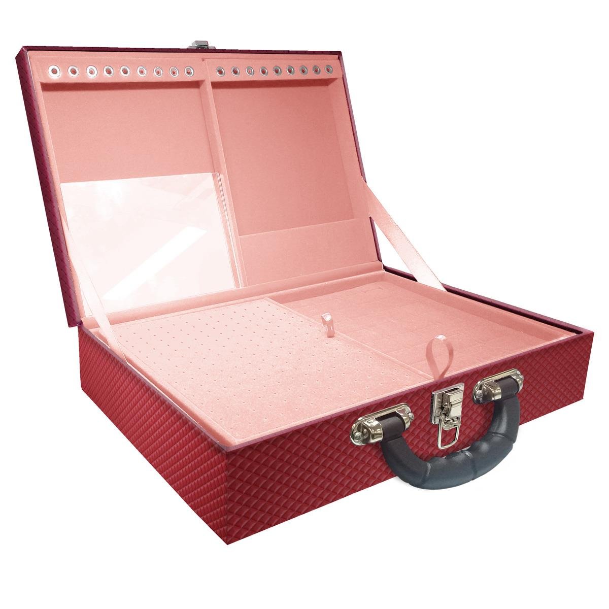 Estojo Maleta Porta Jóias Duplo Grande Ibiza Carmim Com Alça Preta e Espelho