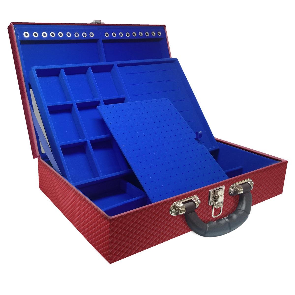 Estojo Maleta Porta Jóias Duplo Grande Ibiza Carmim Com Alça Preta e Espelho