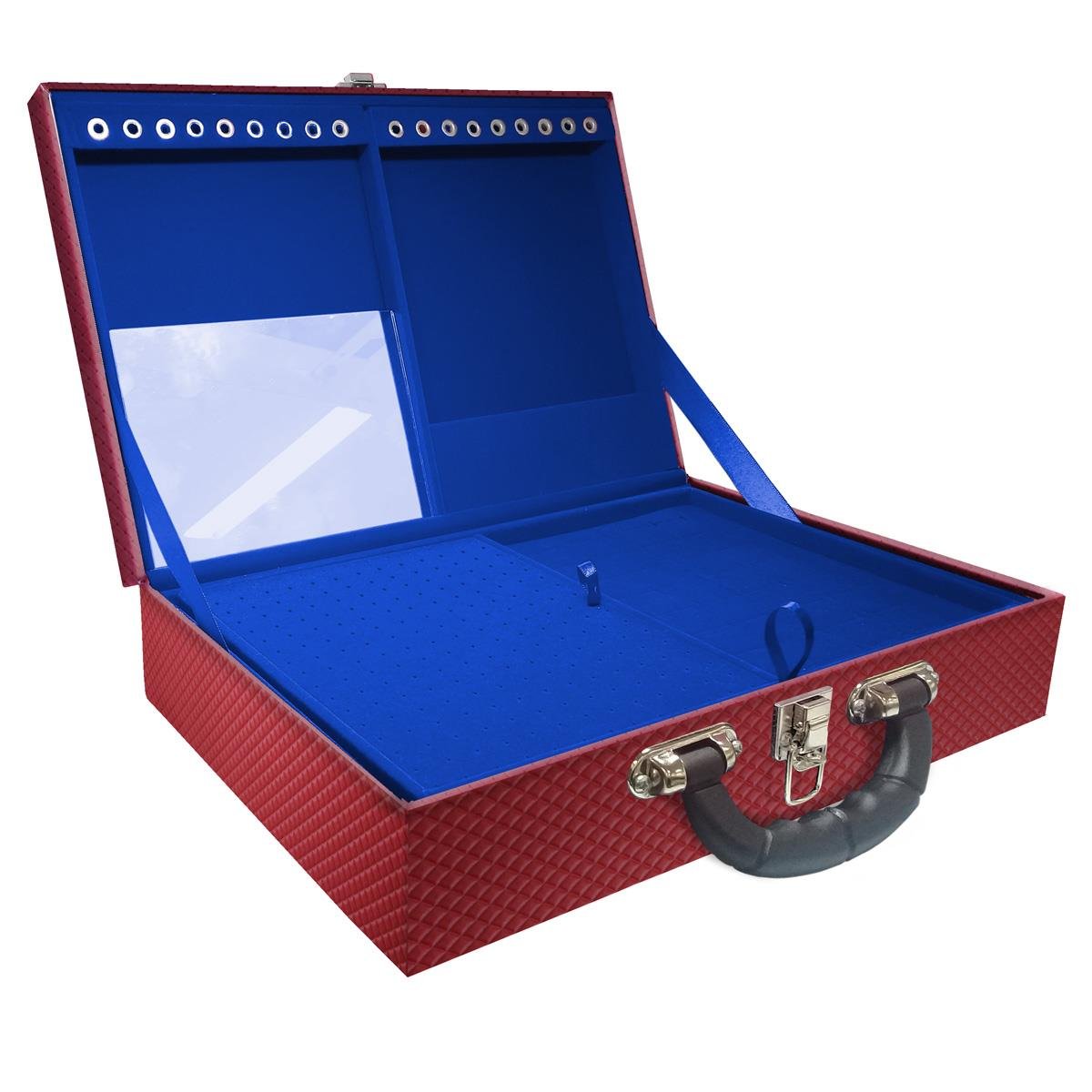 Estojo Maleta Porta Jóias Duplo Grande Ibiza Carmim Com Alça Preta e Espelho