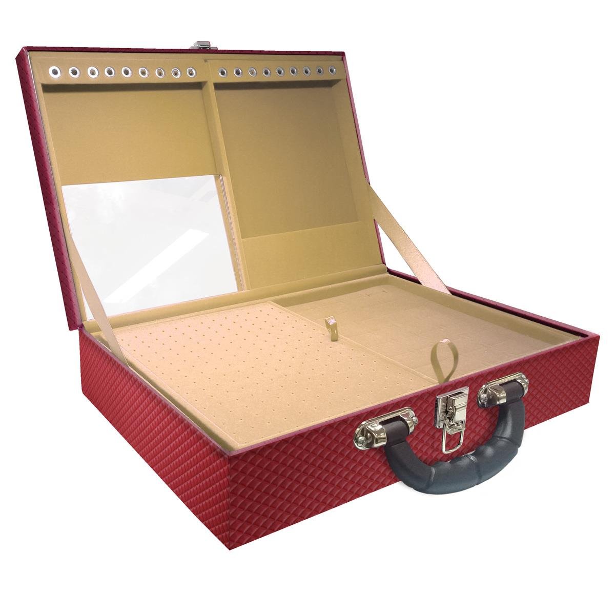 Estojo Maleta Porta Jóias Duplo Grande Ibiza Carmim Com Alça Preta e Espelho