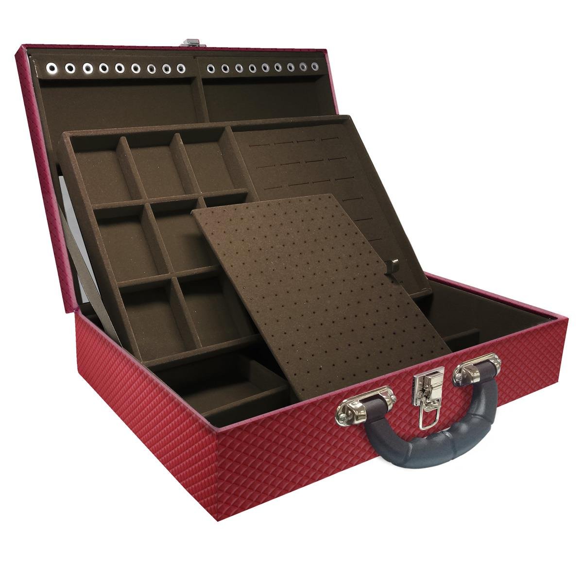 Estojo Maleta Porta Jóias Duplo Grande Ibiza Carmim Com Alça Preta e Espelho