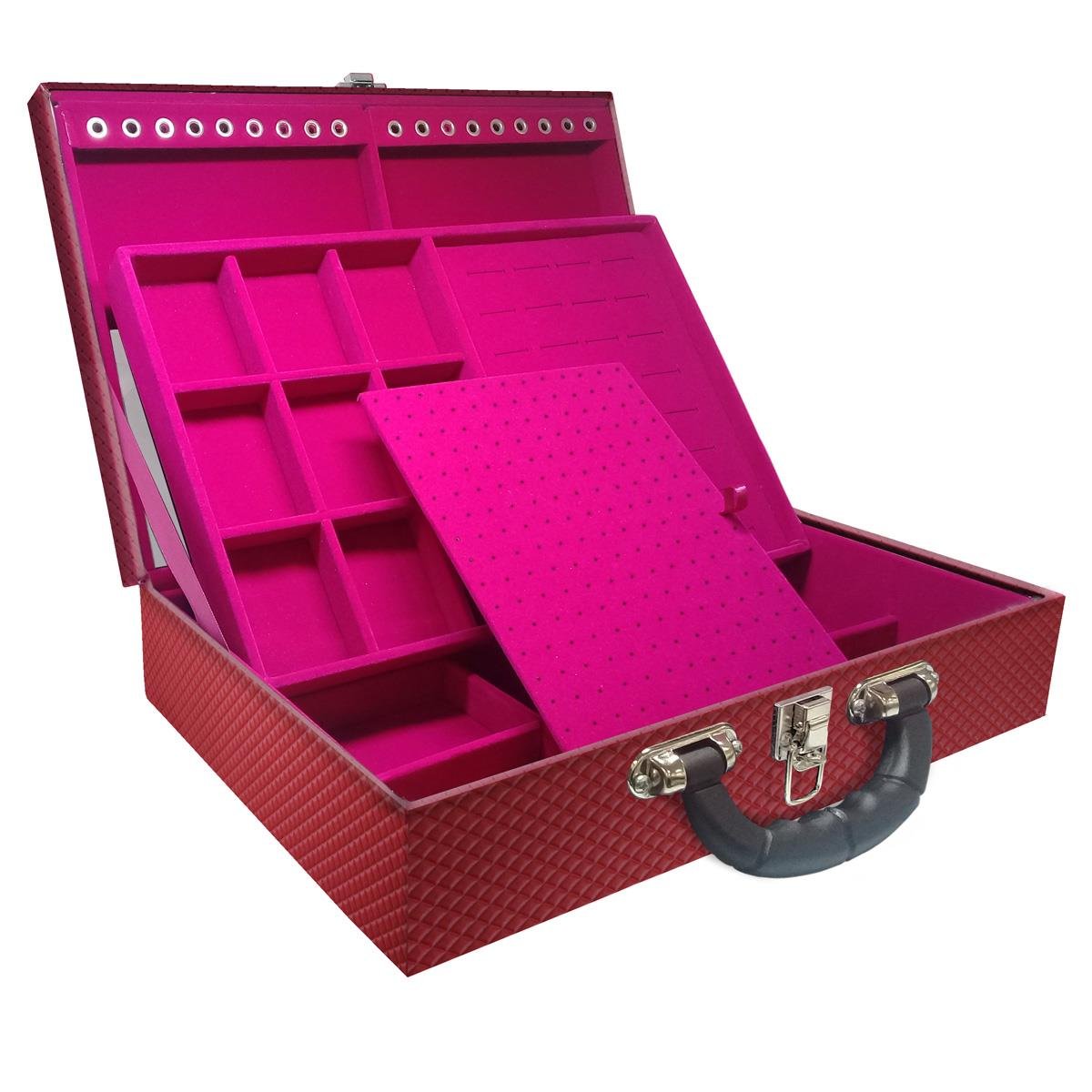 Estojo Maleta Porta Jóias Duplo Grande Ibiza Carmim Com Alça Preta e Espelho