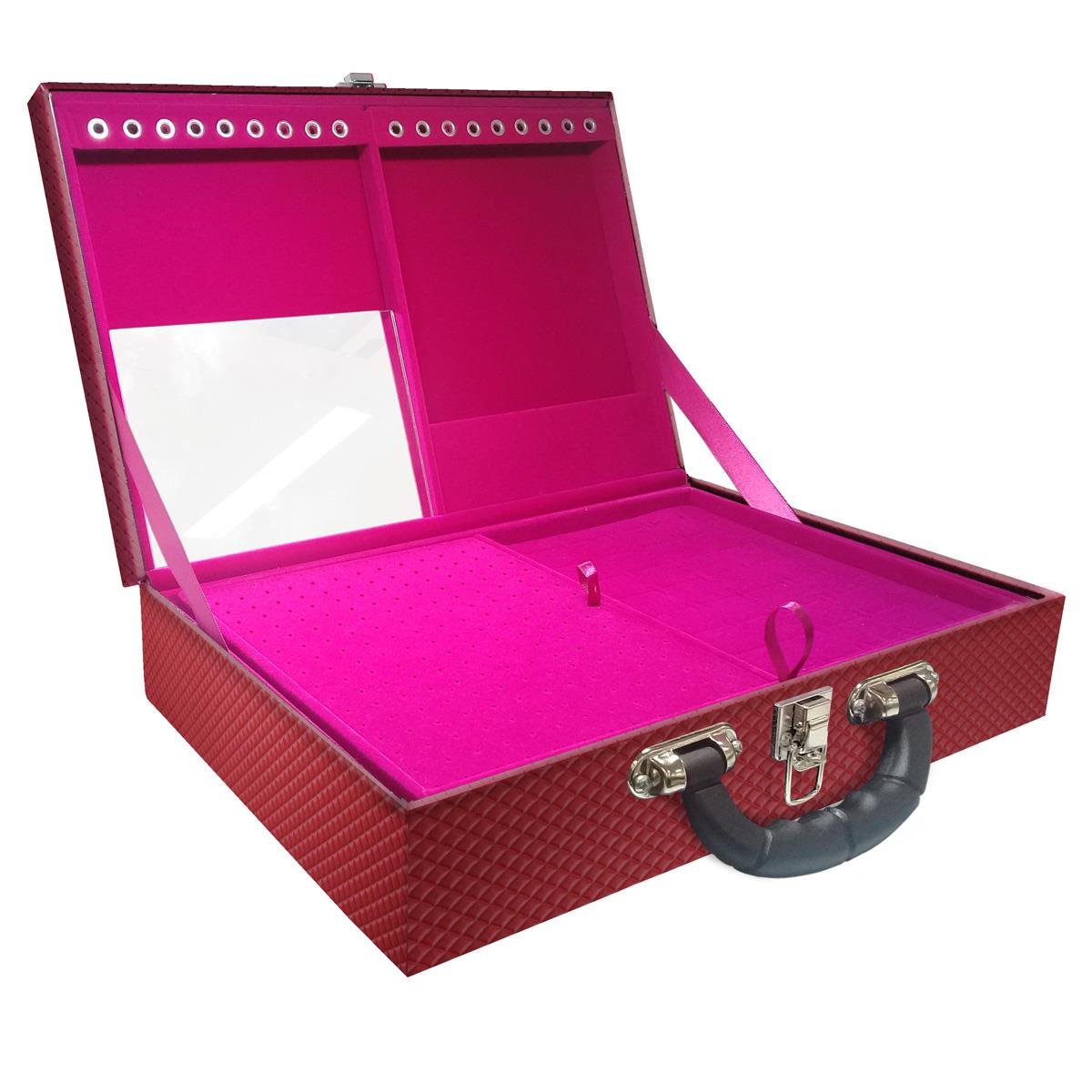 Estojo Maleta Porta Jóias Duplo Grande Ibiza Carmim Com Alça Preta e Espelho