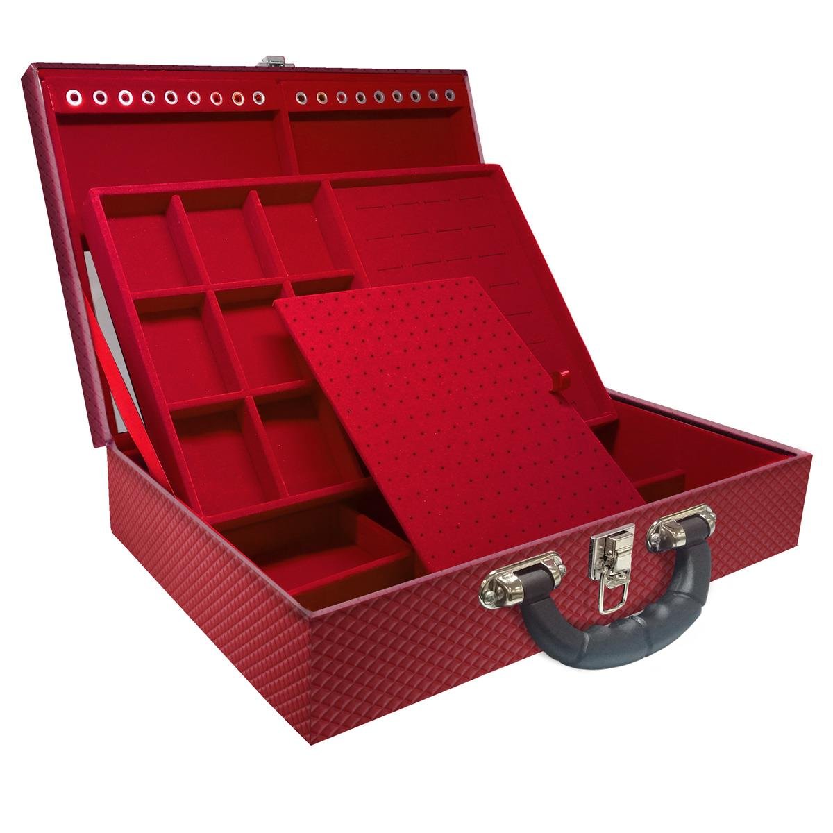 Estojo Maleta Porta Jóias Duplo Grande Ibiza Carmim Com Alça Preta e Espelho