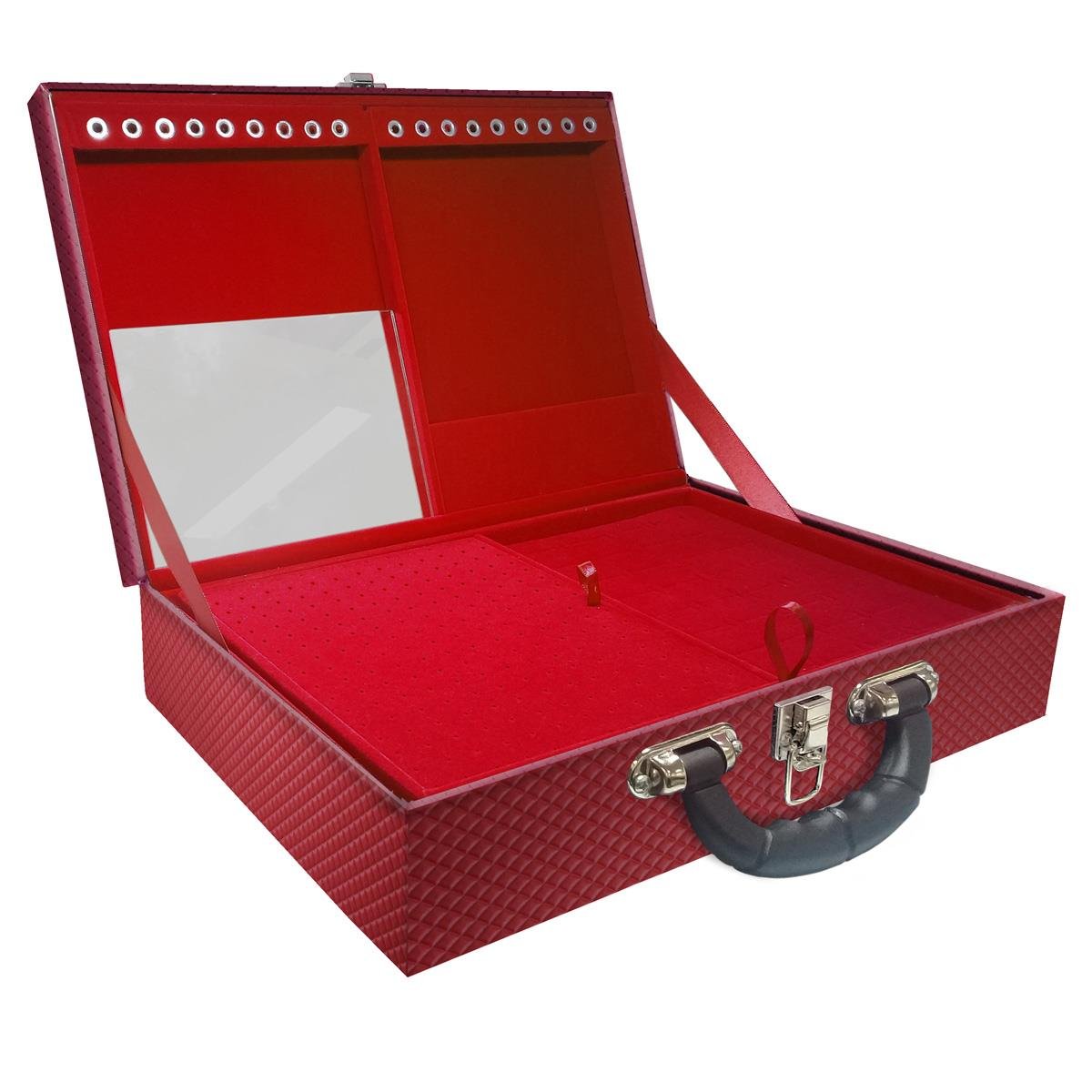 Estojo Maleta Porta Jóias Duplo Grande Ibiza Carmim Com Alça Preta e Espelho