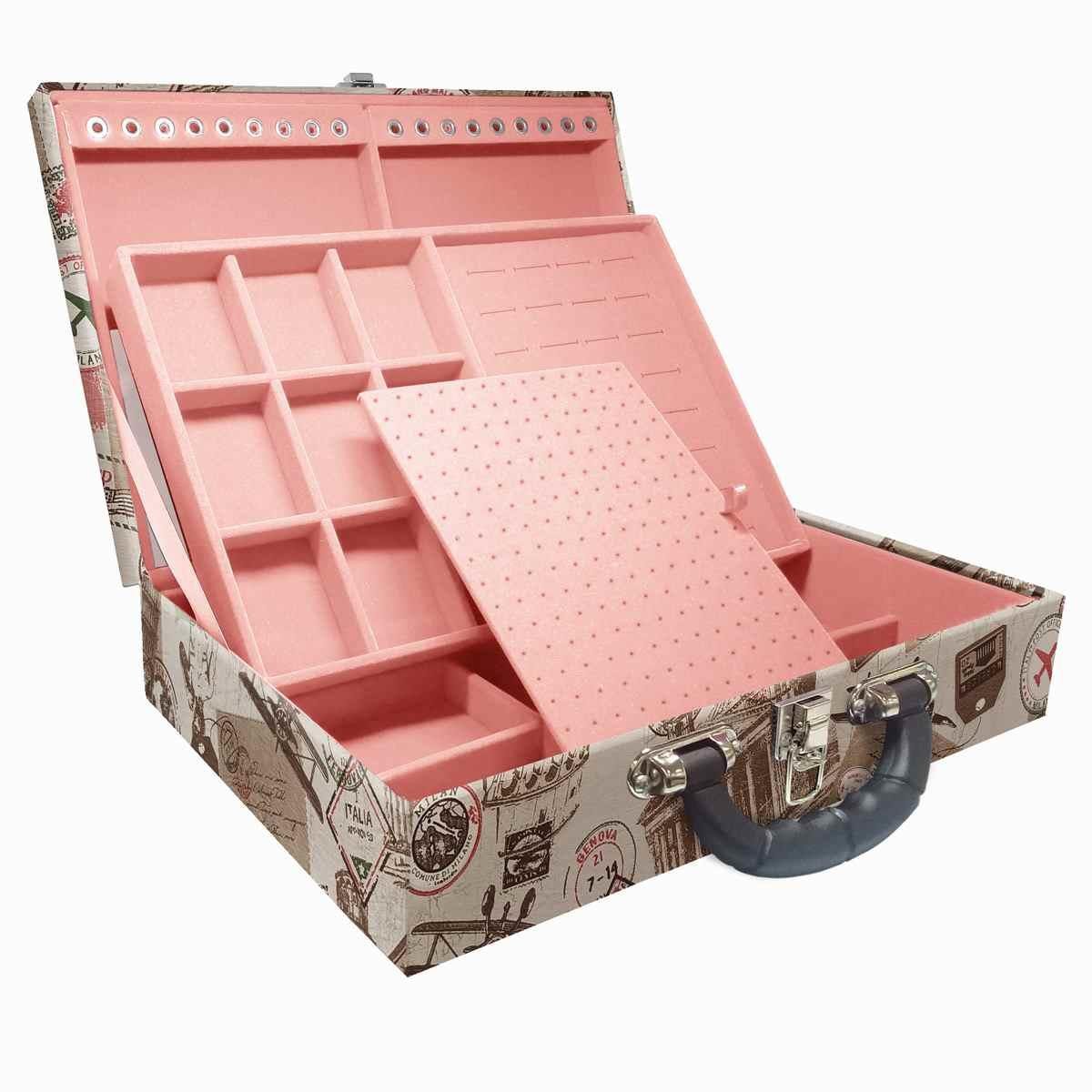 Estojo Maleta Porta Jóias Duplo Grande Itália Com Alça Preta e Espelho