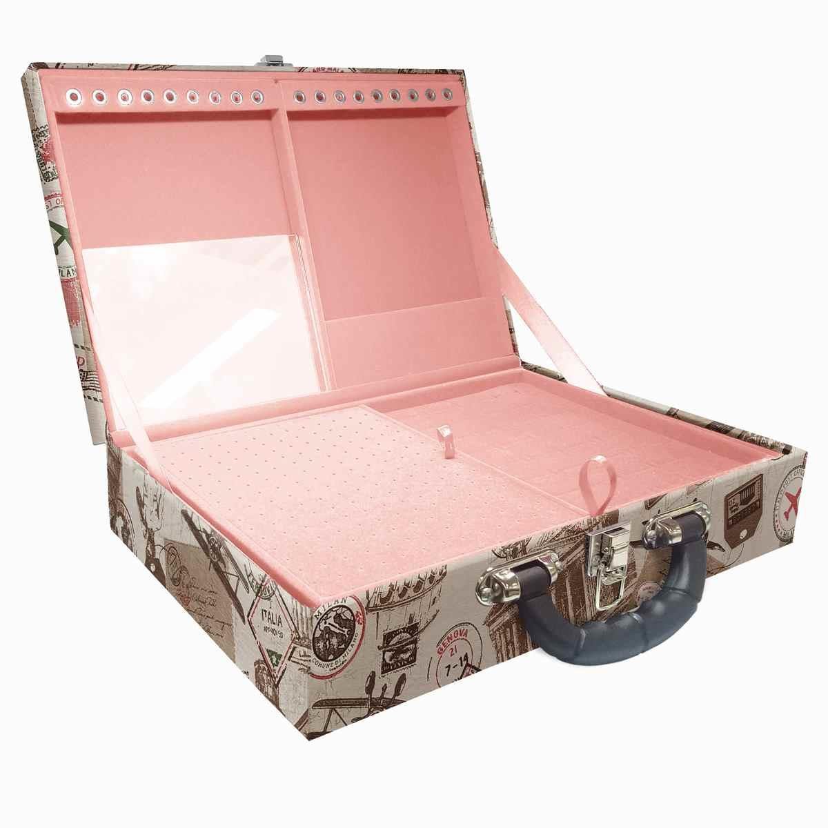 Estojo Maleta Porta Jóias Duplo Grande Itália Com Alça Preta e Espelho