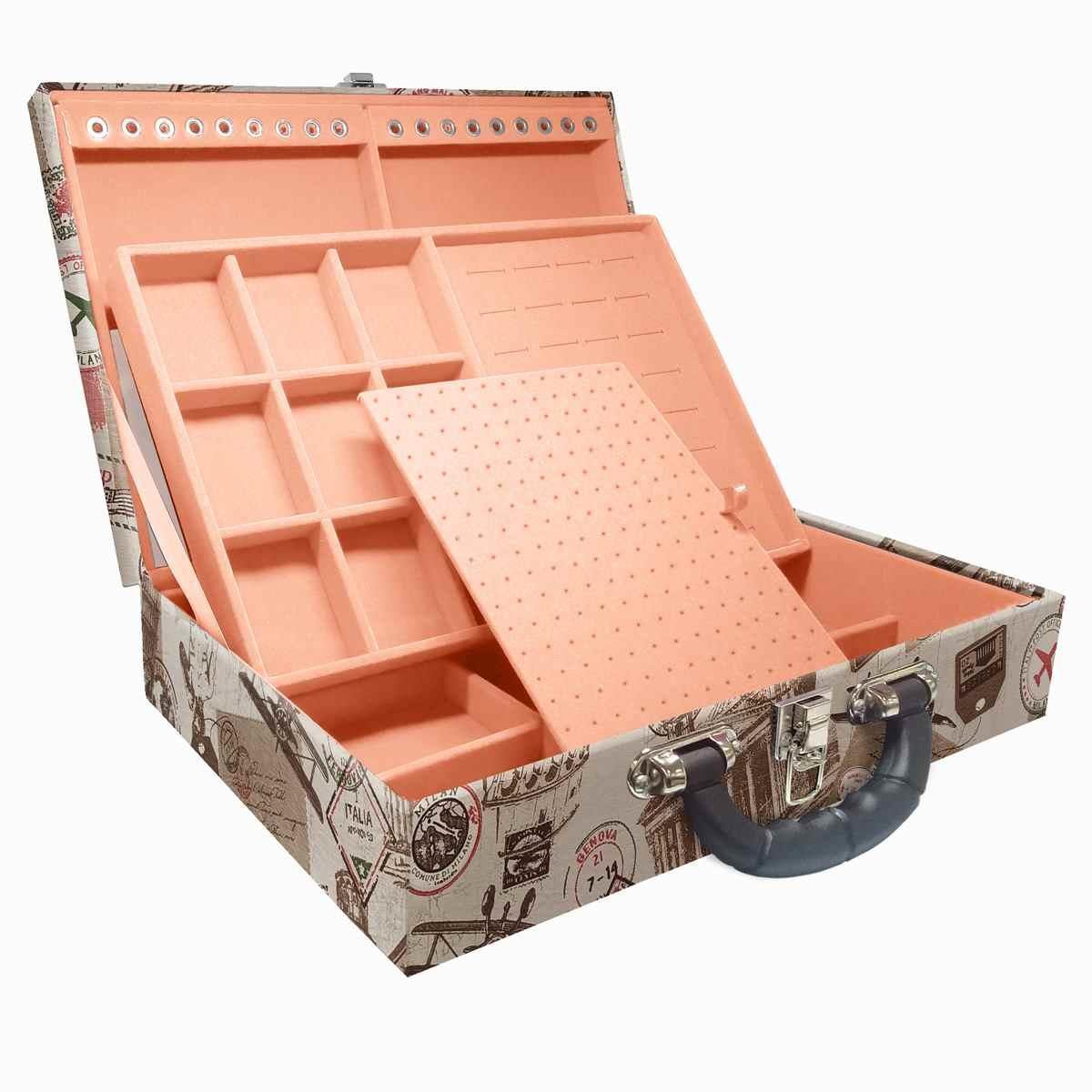 Estojo Maleta Porta Jóias Duplo Grande Itália Com Alça Preta e Espelho