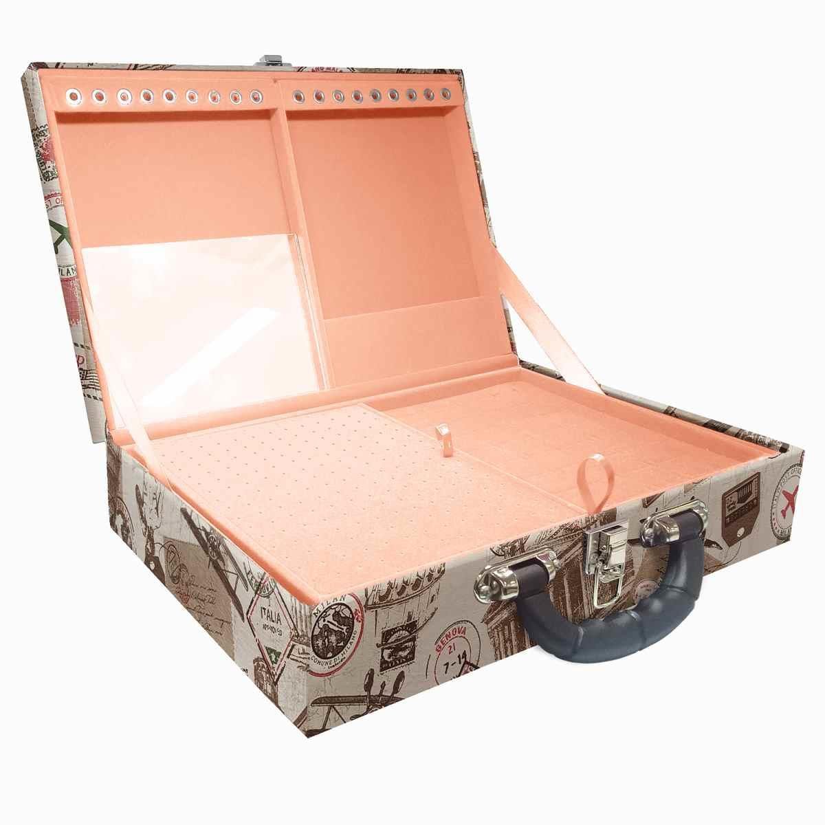 Estojo Maleta Porta Jóias Duplo Grande Itália Com Alça Preta e Espelho