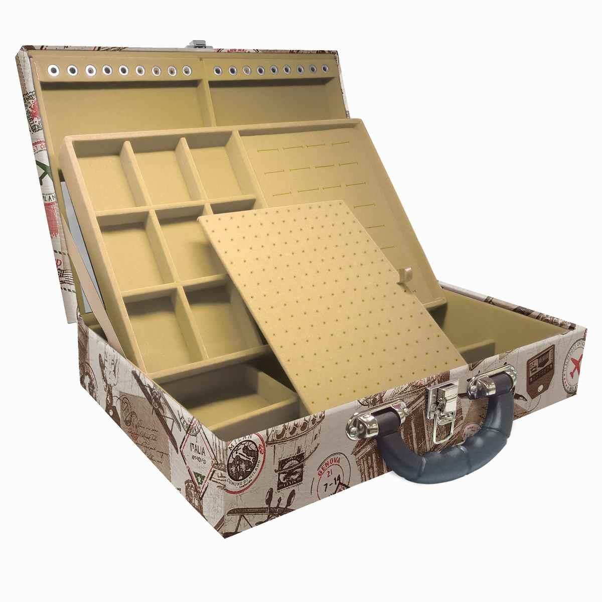 Estojo Maleta Porta Jóias Duplo Grande Itália Com Alça Preta e Espelho