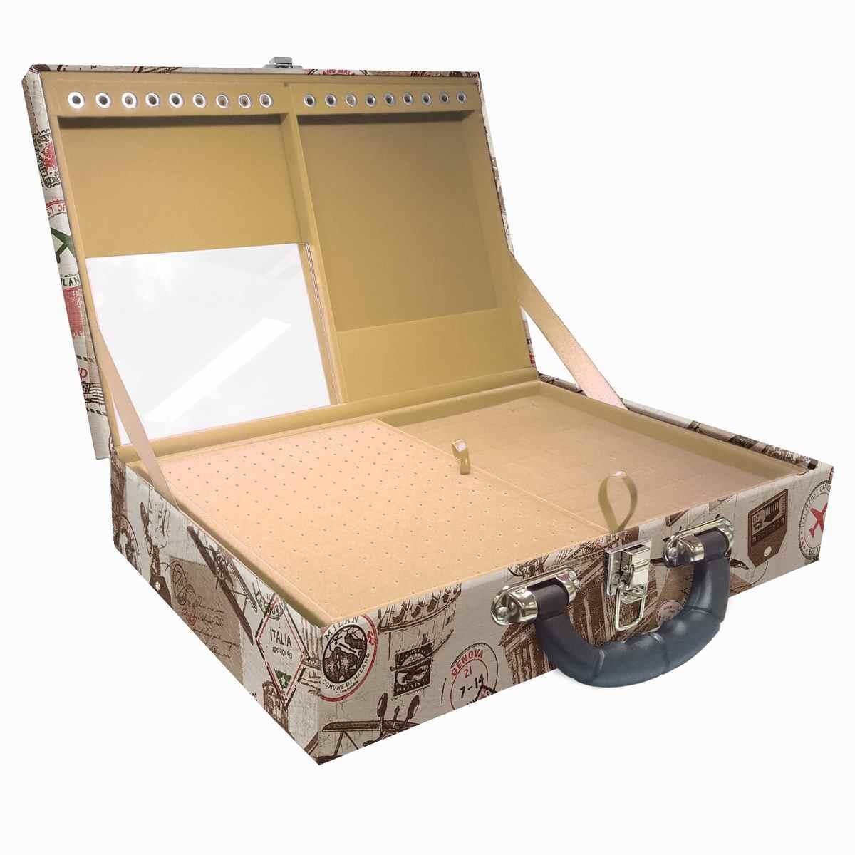 Estojo Maleta Porta Jóias Duplo Grande Itália Com Alça Preta e Espelho