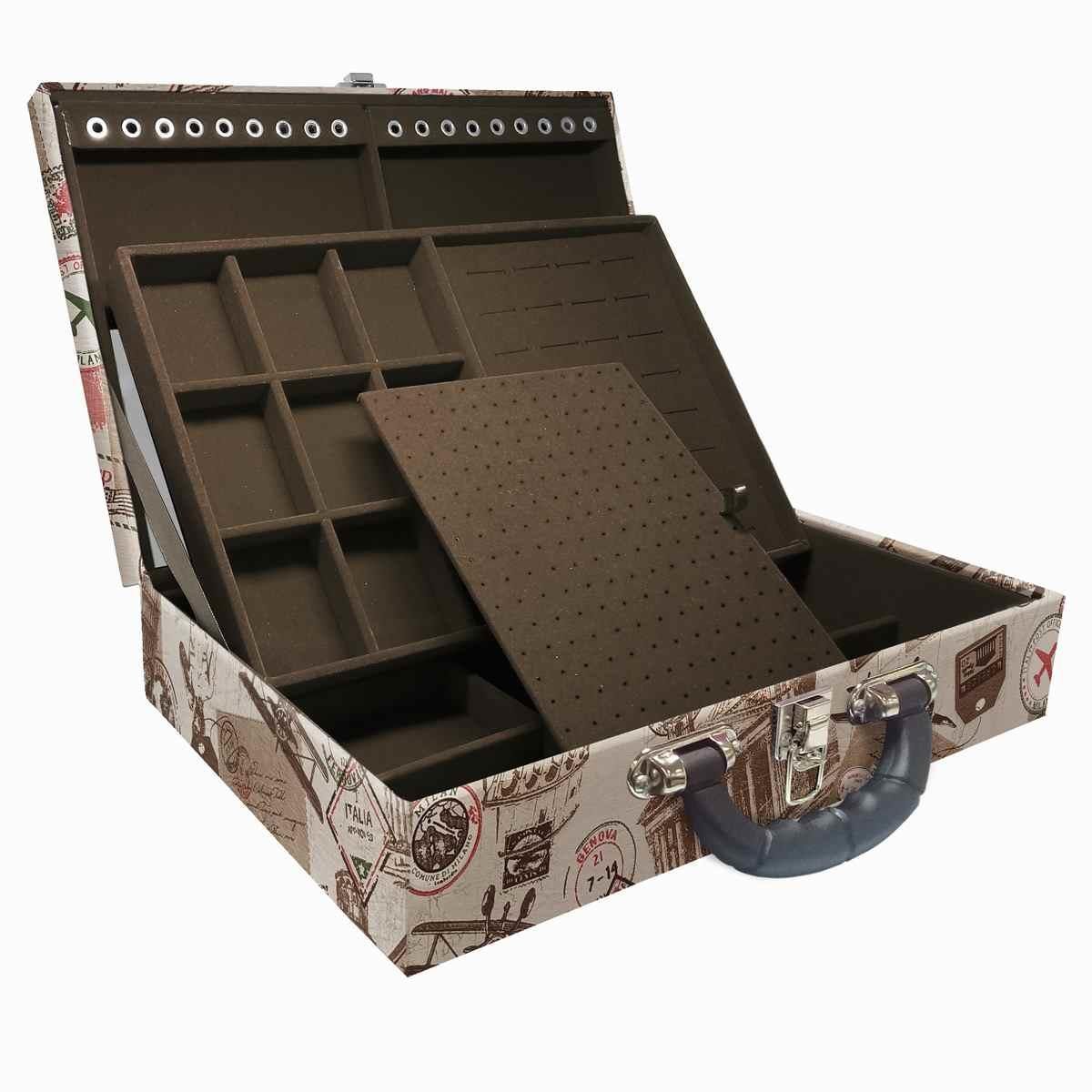 Estojo Maleta Porta Jóias Duplo Grande Itália Com Alça Preta e Espelho