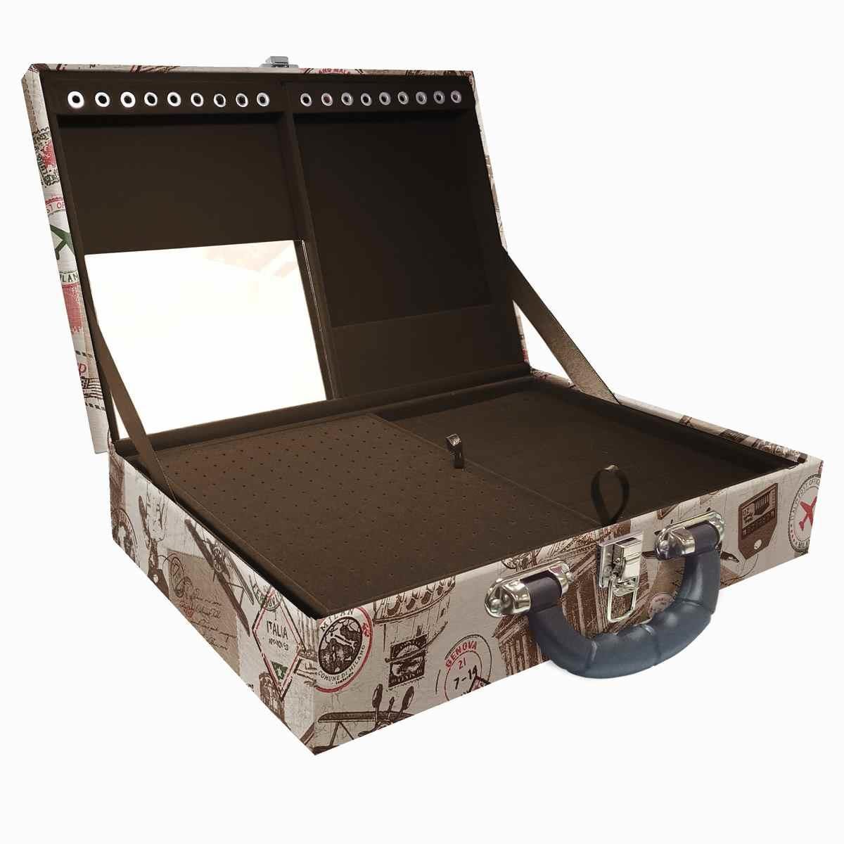 Estojo Maleta Porta Jóias Duplo Grande Itália Com Alça Preta e Espelho