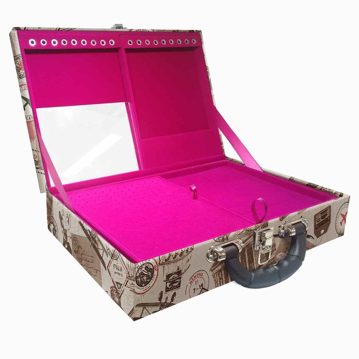 Estojo Maleta Porta Jóias Duplo Grande Itália Com Alça Preta e Espelho