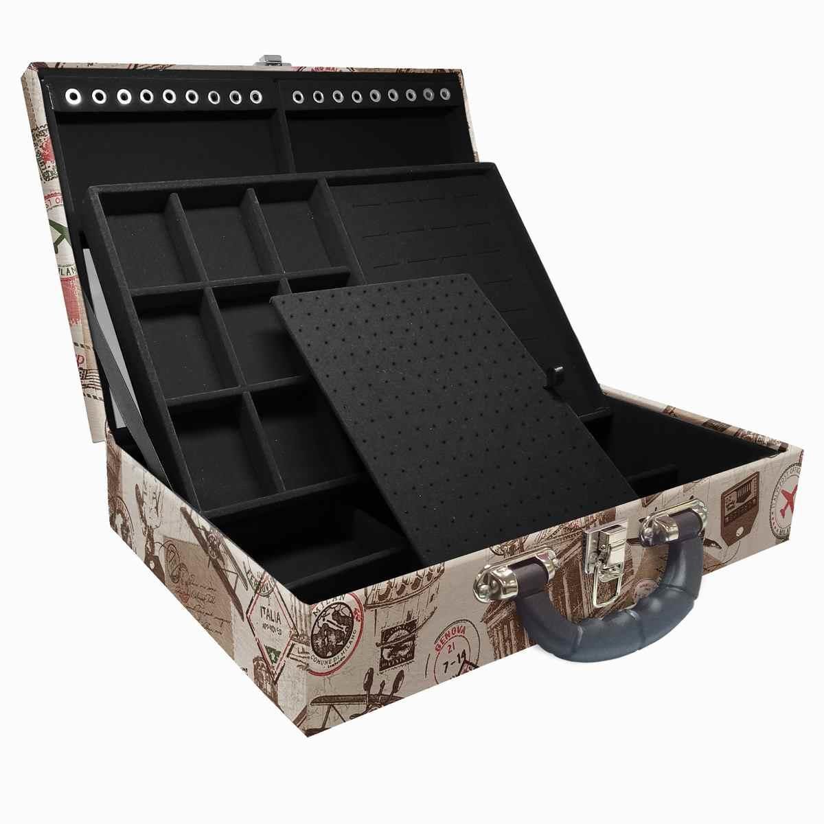 Estojo Maleta Porta Jóias Duplo Grande Itália Com Alça Preta e Espelho