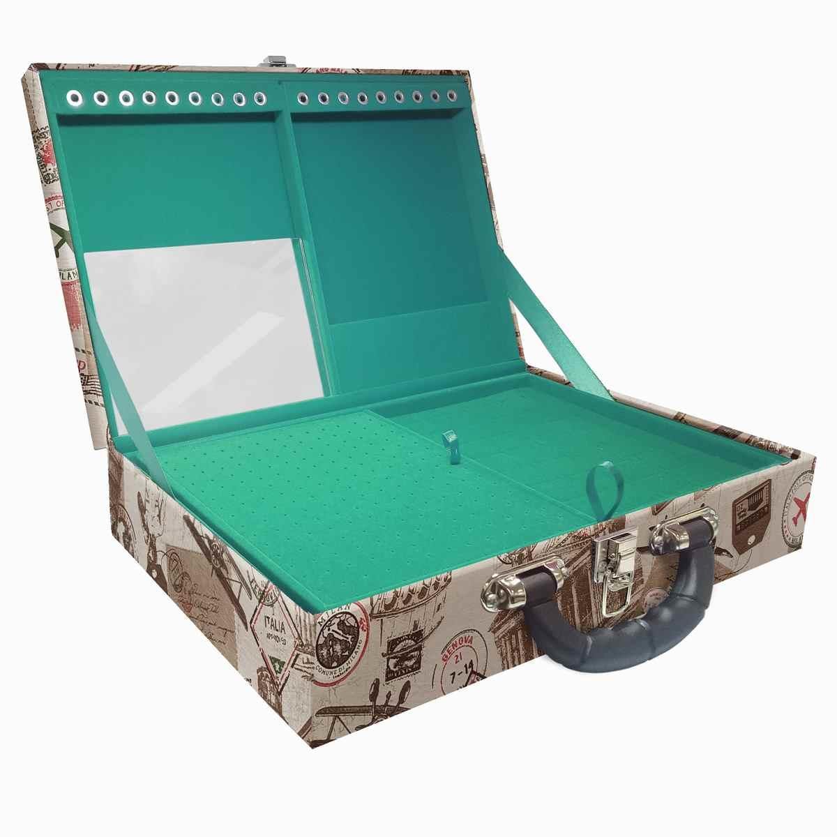 Estojo Maleta Porta Jóias Duplo Grande Itália Com Alça Preta e Espelho