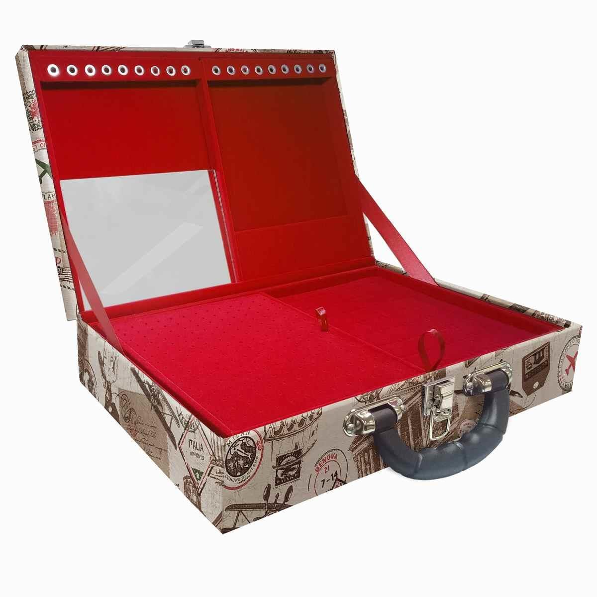 Estojo Maleta Porta Jóias Duplo Grande Itália Com Alça Preta e Espelho