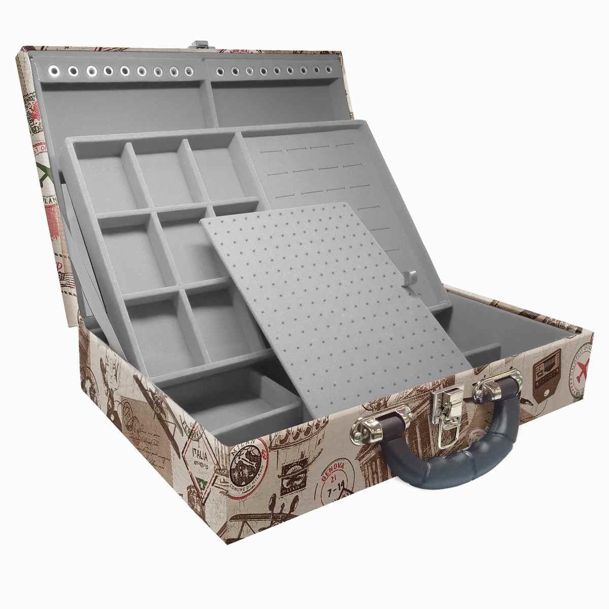 Estojo Maleta Porta Jóias Duplo Grande Itália Com Alça Preta e Espelho