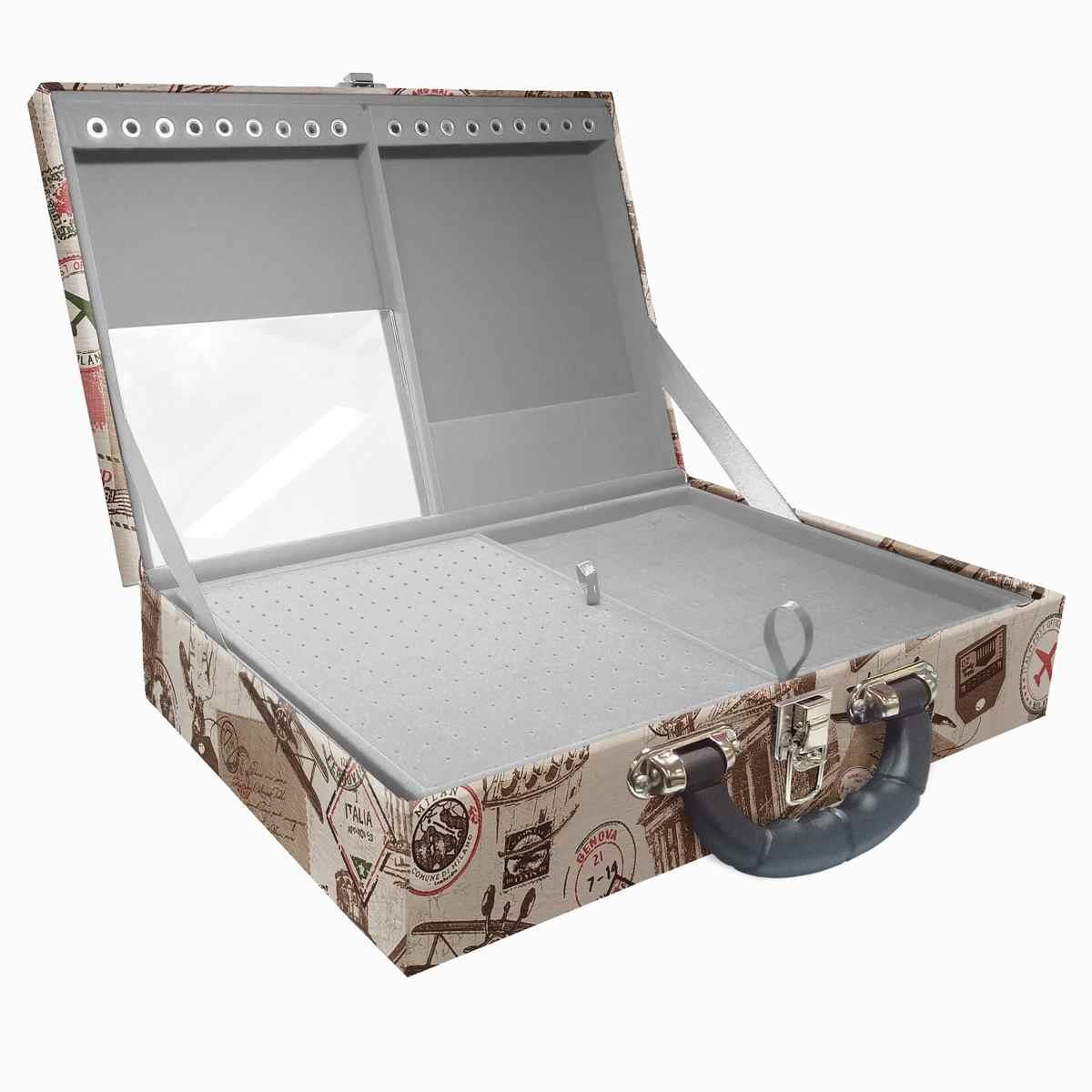 Estojo Maleta Porta Jóias Duplo Grande Itália Com Alça Preta e Espelho