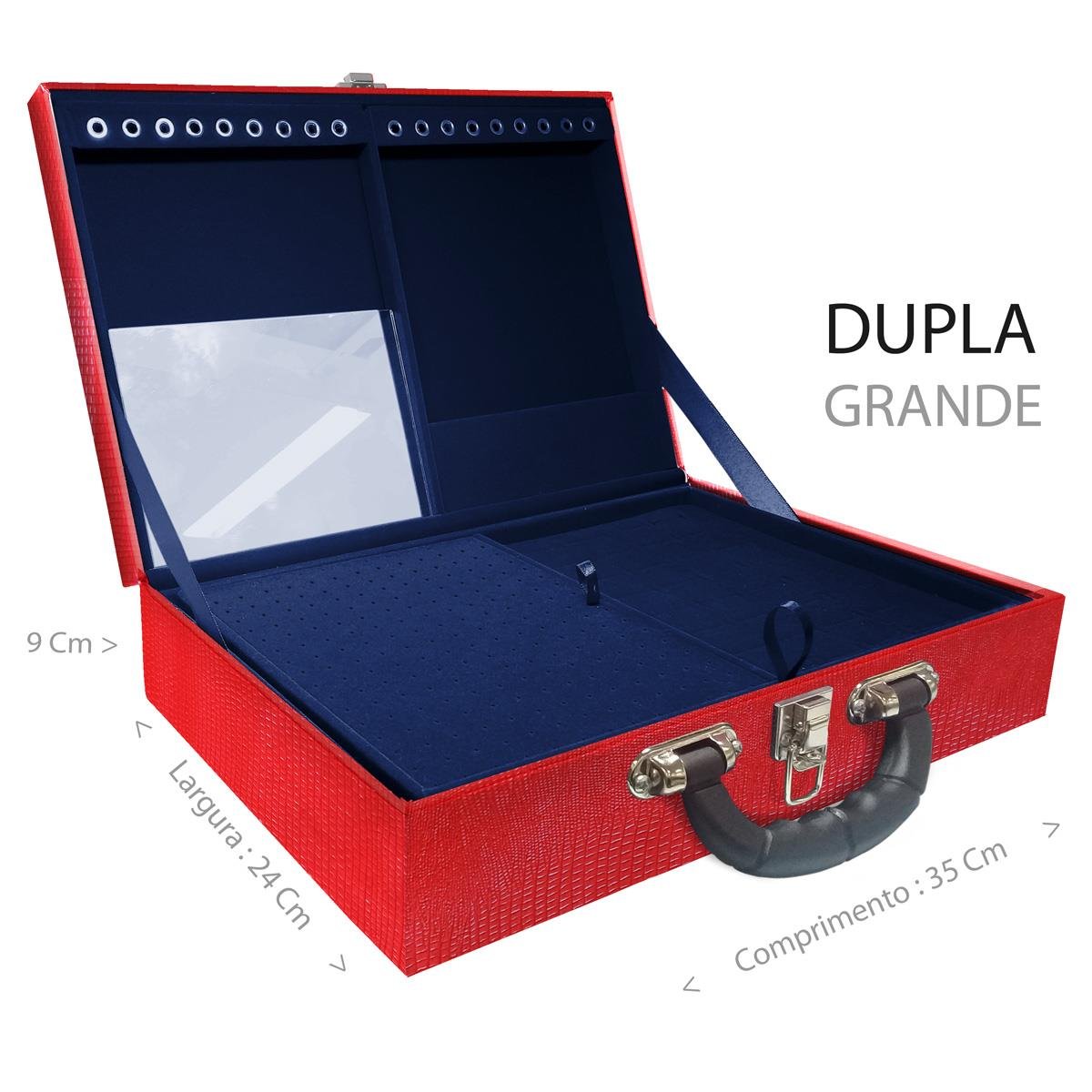 Estojo Maleta Porta Jóias Duplo Grande Jacaré Vermelho Com Alça Preta e Espelho