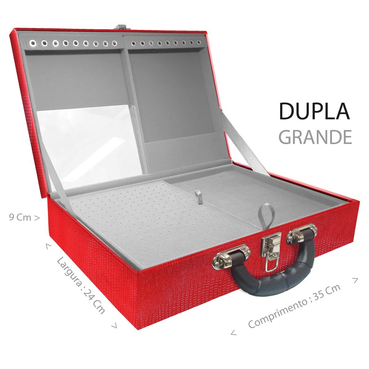 Estojo Maleta Porta Jóias Duplo Grande Jacaré Vermelho Com Alça Preta e Espelho