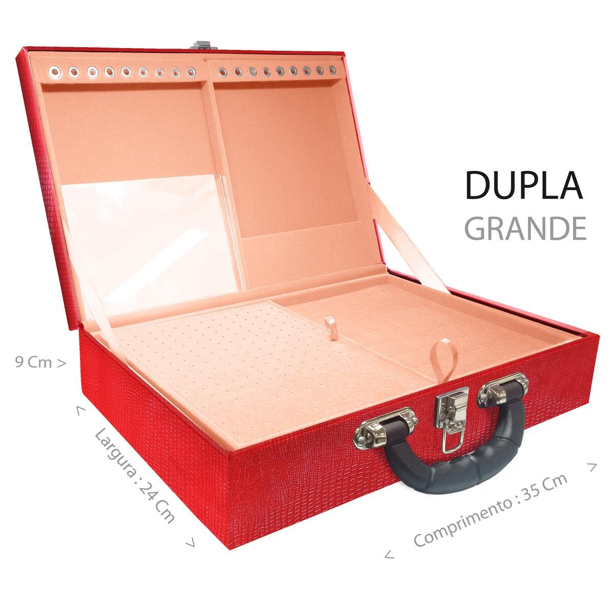 Estojo Maleta Porta Jóias Duplo Grande Jacaré Vermelho Com Alça Preta e Espelho