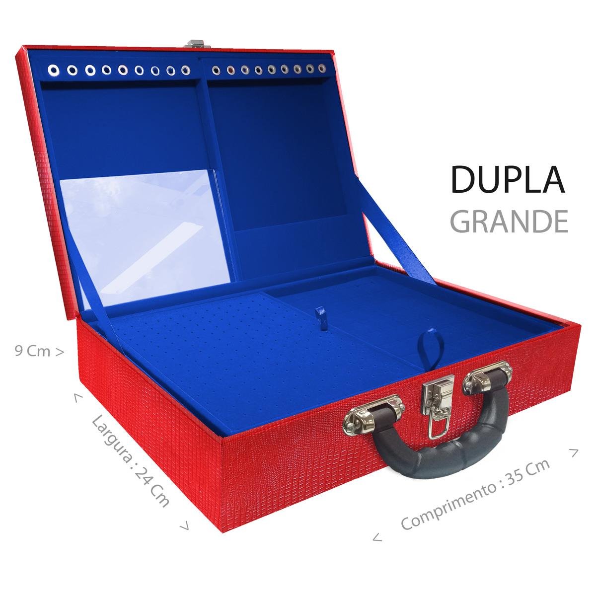 Estojo Maleta Porta Jóias Duplo Grande Jacaré Vermelho Com Alça Preta e Espelho