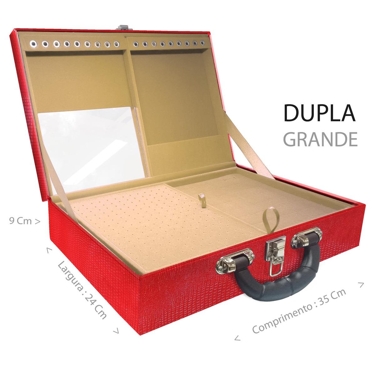 Estojo Maleta Porta Jóias Duplo Grande Jacaré Vermelho Com Alça Preta e Espelho