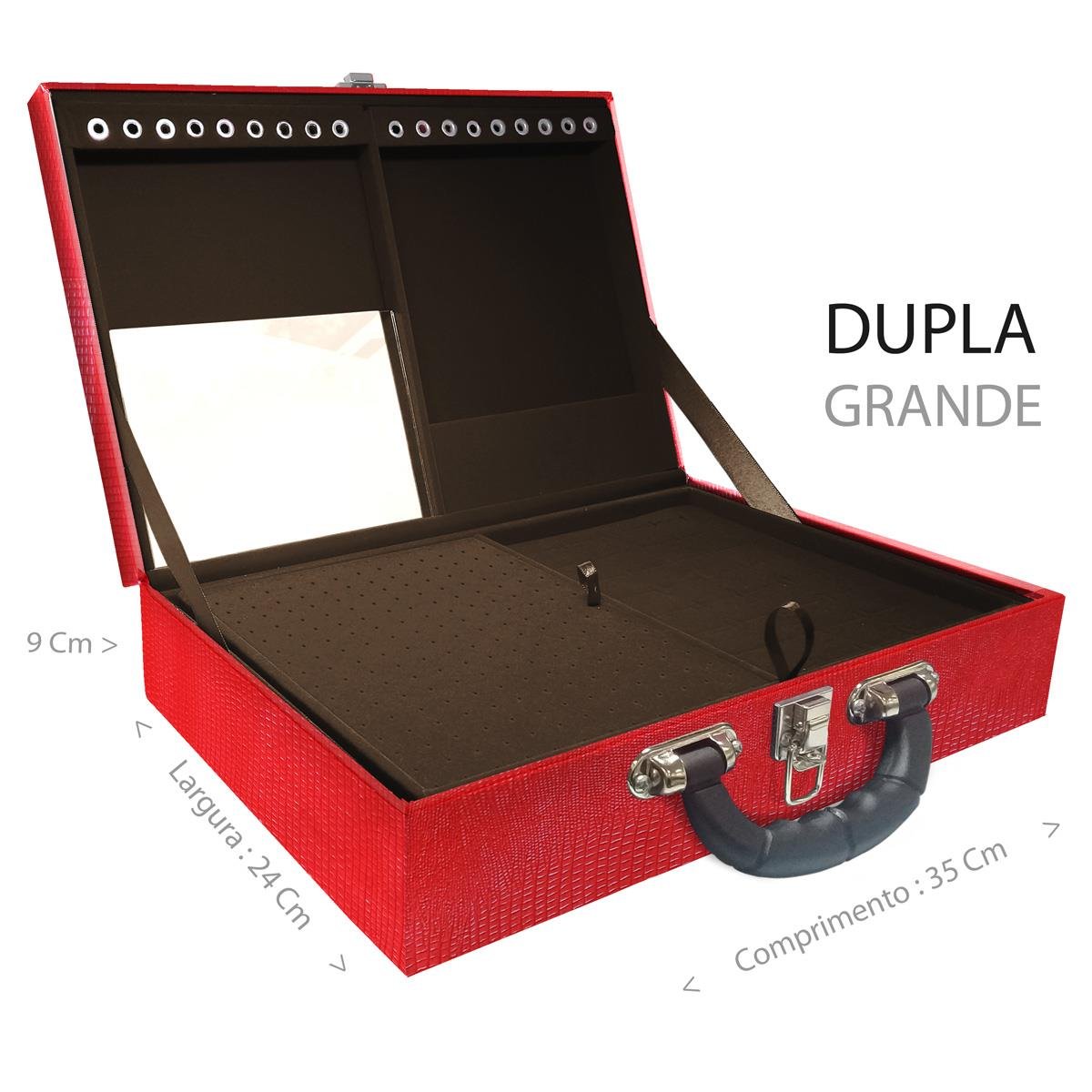 Estojo Maleta Porta Jóias Duplo Grande Jacaré Vermelho Com Alça Preta e Espelho