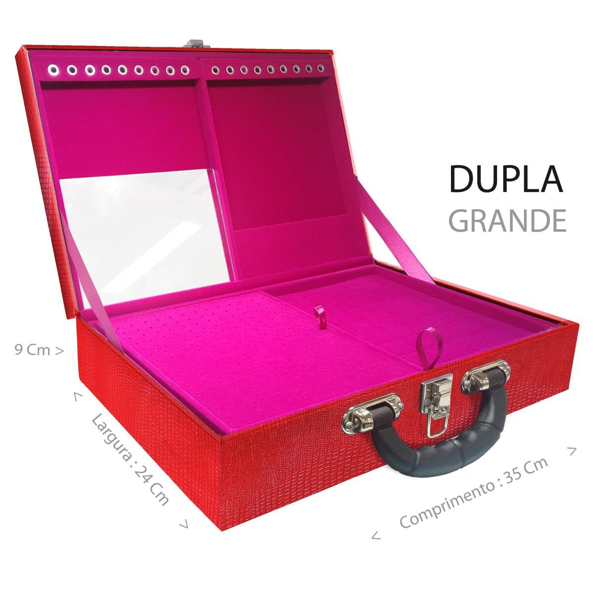 Estojo Maleta Porta Jóias Duplo Grande Jacaré Vermelho Com Alça Preta e Espelho