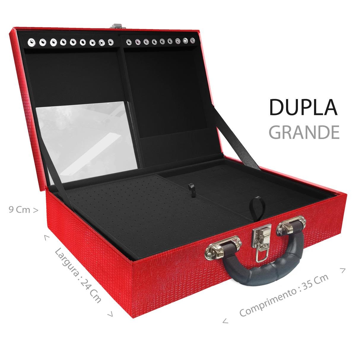 Estojo Maleta Porta Jóias Duplo Grande Jacaré Vermelho Com Alça Preta e Espelho