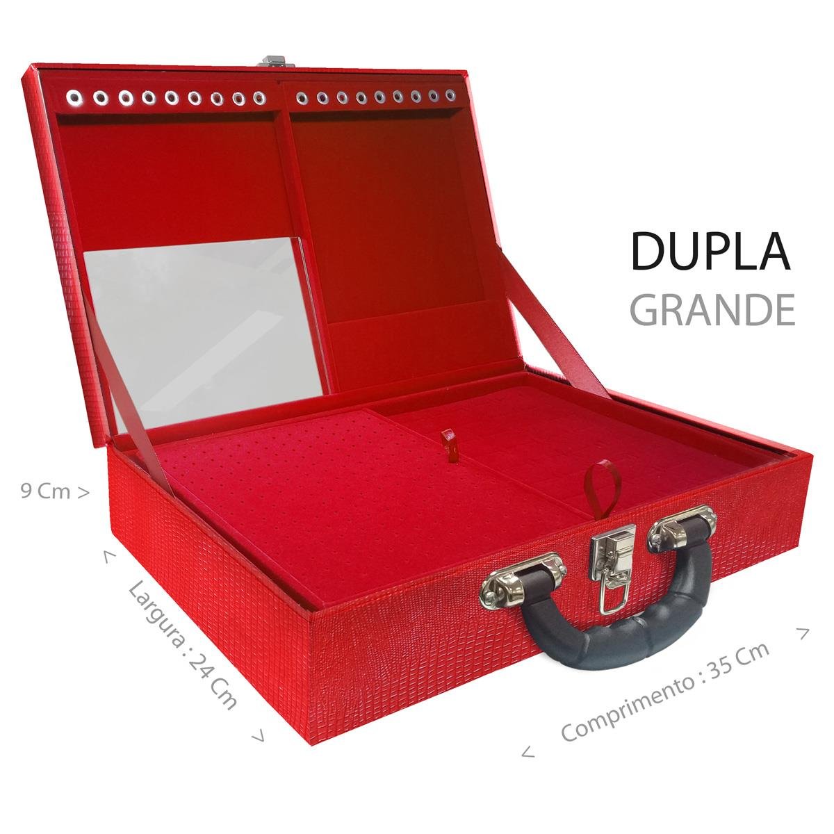 Estojo Maleta Porta Jóias Duplo Grande Jacaré Vermelho Com Alça Preta e Espelho