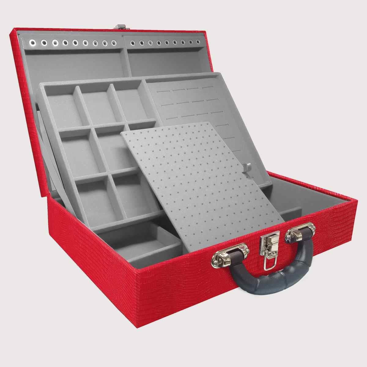 Estojo Maleta Porta Jóias Duplo Grande Jacaré Vermelho Com Alça Preta e Espelho