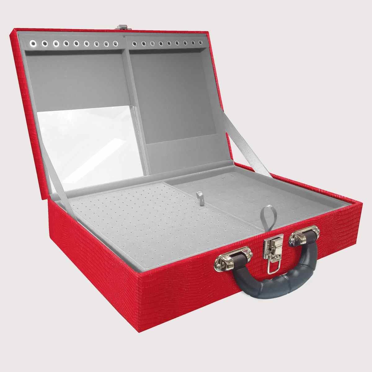 Estojo Maleta Porta Jóias Duplo Grande Jacaré Vermelho Com Alça Preta e Espelho