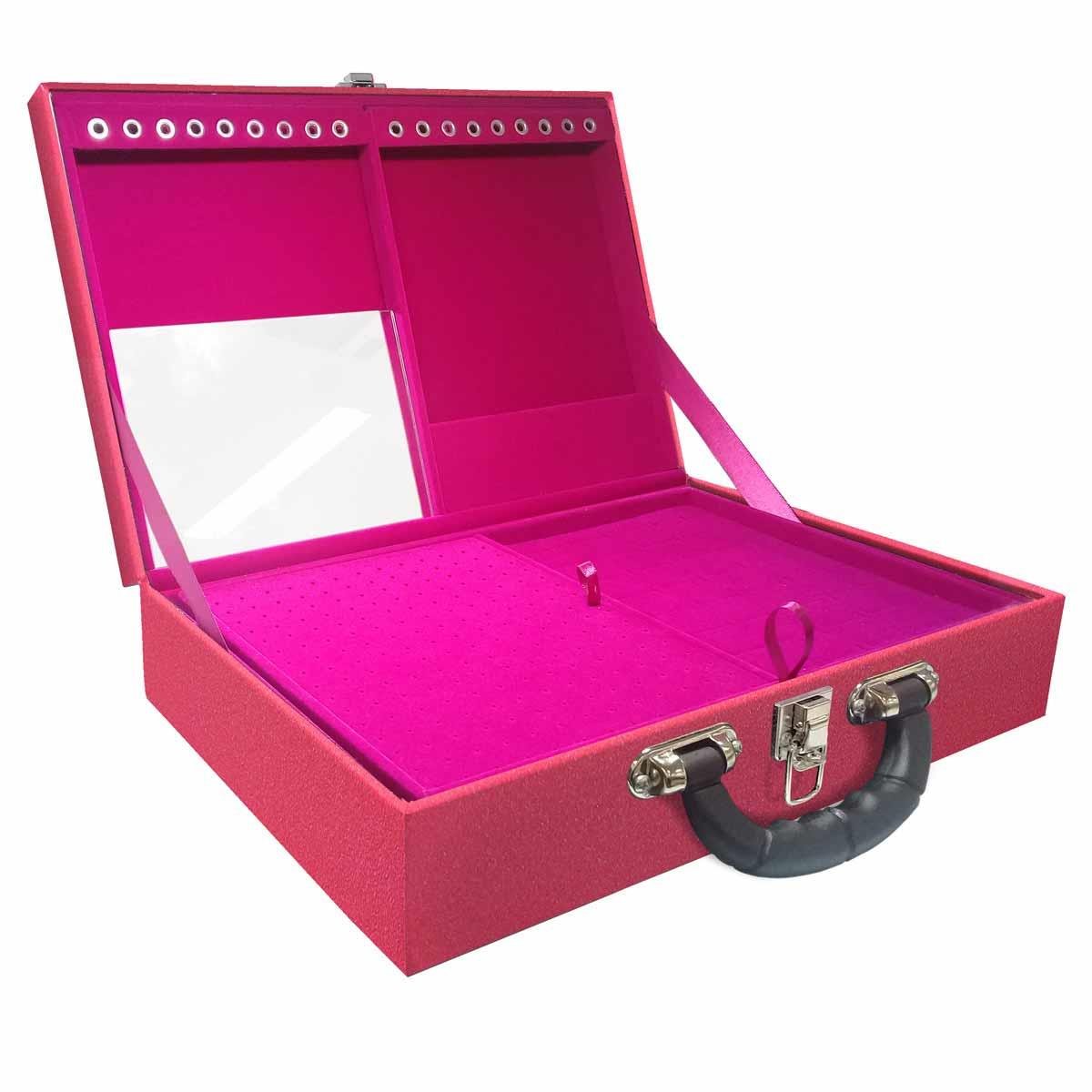 Estojo Maleta Porta Jóias Duplo Grande Krusher Pink Com Alça Preta e Espelho