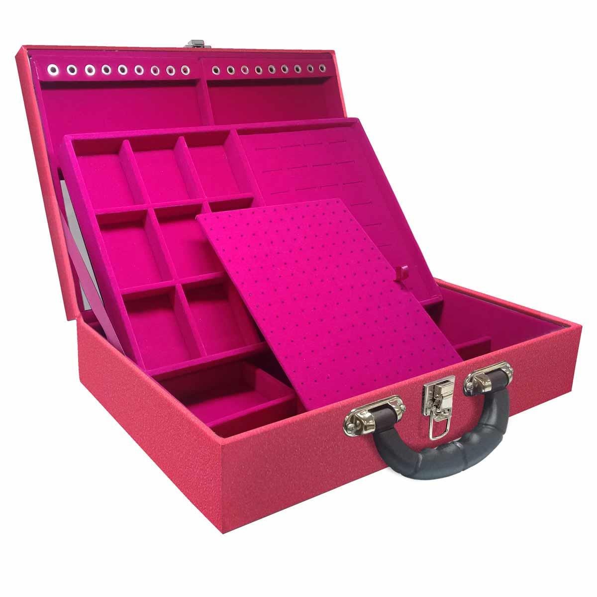 Estojo Maleta Porta Jóias Duplo Grande Krusher Pink Com Alça Preta e Espelho