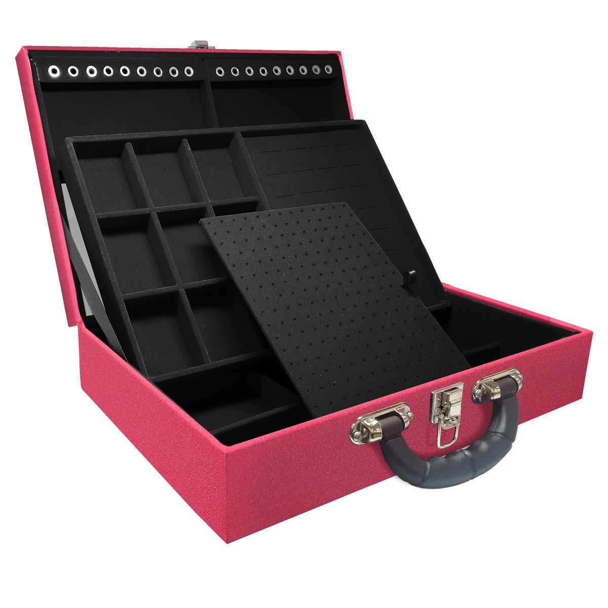 Estojo Maleta Porta Jóias Duplo Grande Krusher Pink Com Alça Preta e Espelho